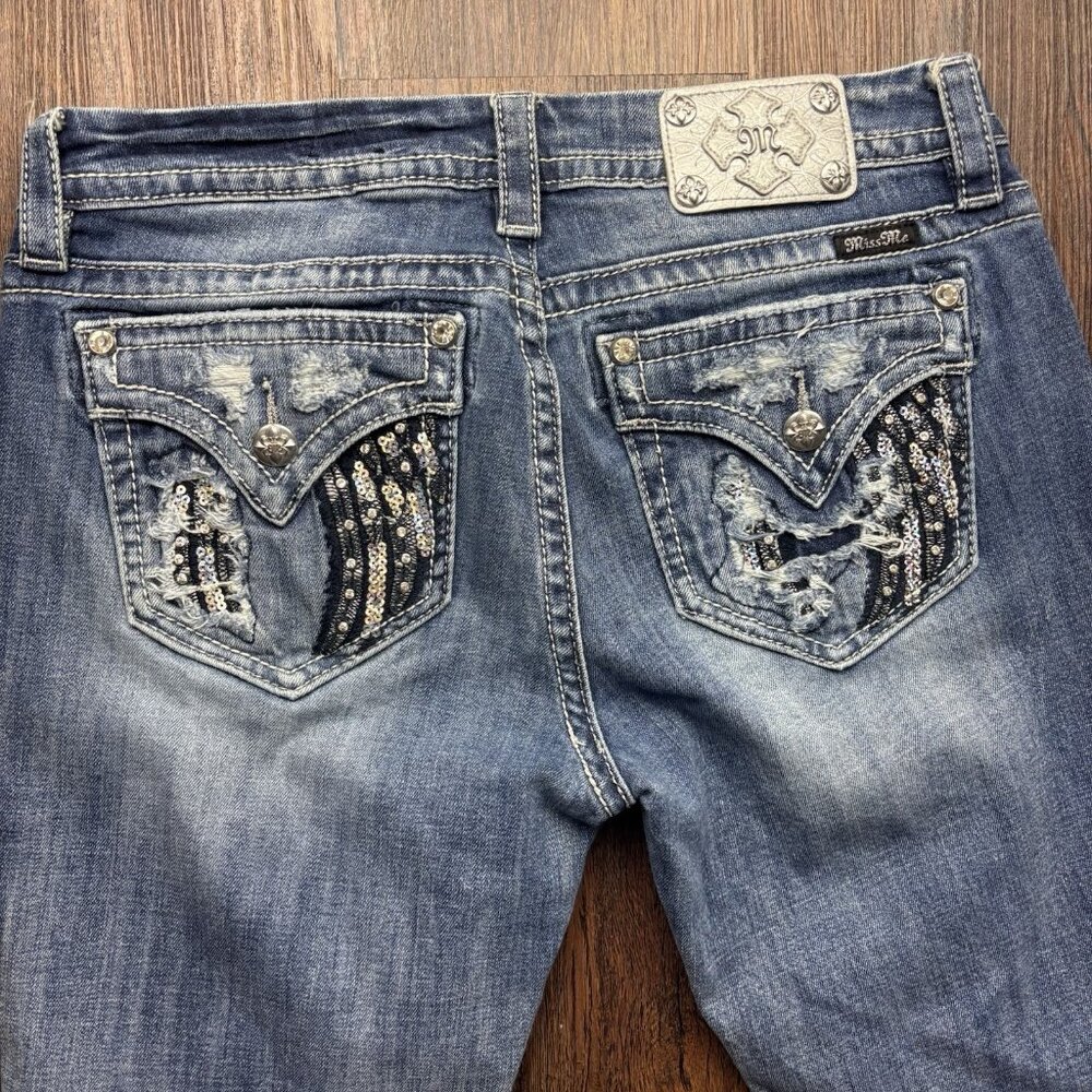 Miss Me Mid-Rise Skinny Jeans Sequin Angel Wings Distressed Light Wash Size 31 - Picture 4 of 11